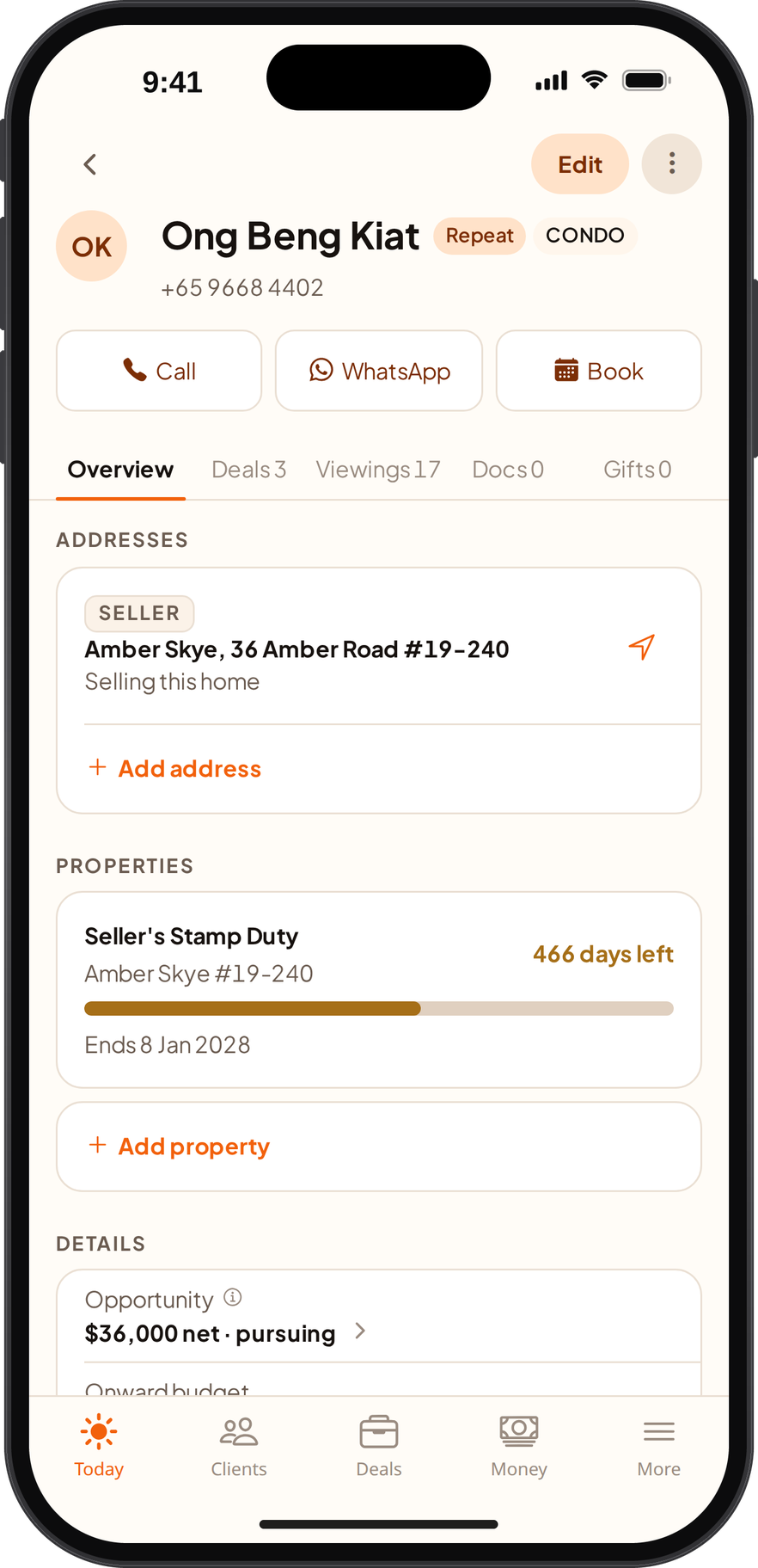 A client record in the Propoa app on an iPhone: the client’s name and tags, call and WhatsApp buttons, the address they are selling, a seller’s stamp duty countdown, and their opportunity.